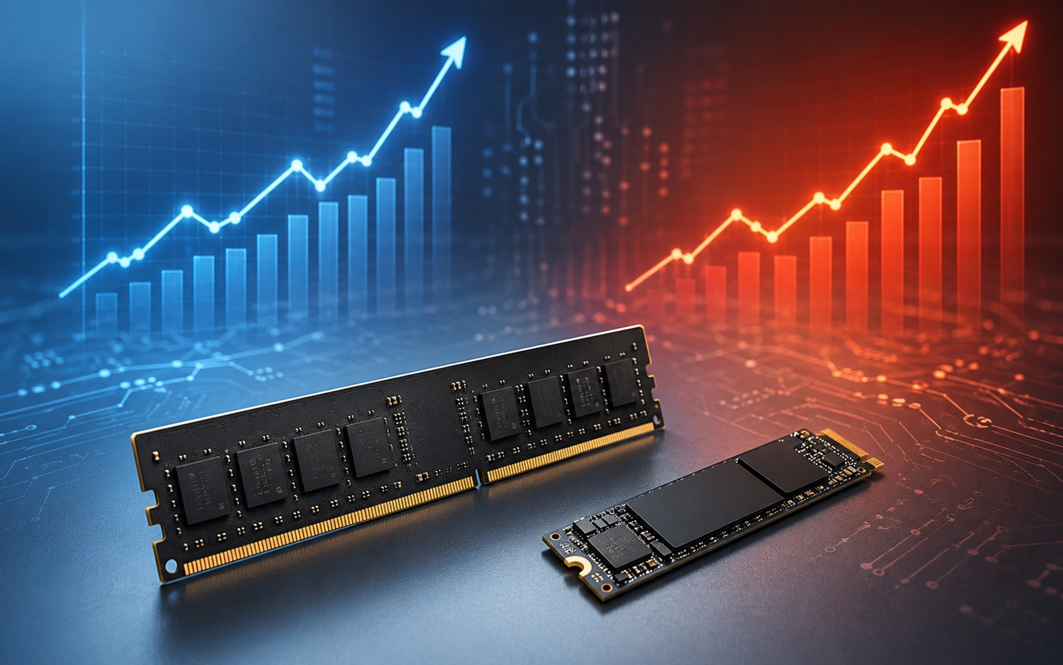 komputery_ceny_04_RAM_SSD_2508 - lab-kuzniewski.pl - Testy laptopów, recenzje i porównania Two RAM modules on a circuit-board surface with blue and red upward-trending charts in the background.