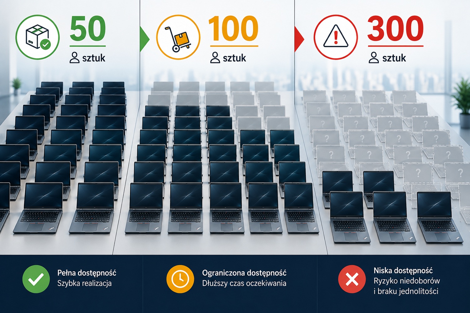 komputery_ceny_05_dostepnosc_2508 - lab-kuzniewski.pl - Testy laptopów, recenzje i porównania Rows of laptops with three availability panels: 50 sztuk (green check), 100 sztuk (orange), 300 sztuk (red warning), signaling availability levels; bottom captions describe full, limited, and low availability.