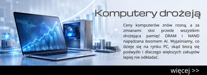 Banner showing a laptop and server on a blue tech background with a rising graph; Polish headline 'Komputery drożeją' and text about increasing computer and memory prices.