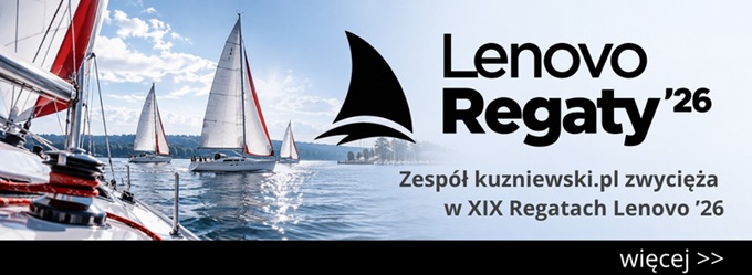 000_Regaty_Lenovo_2026_kuzniewski_main_vMini2 - lab-kuzniewski.pl - Testy laptopów, recenzje i porównania Banner for Lenovo Regaty '26 with sailboats on a sunny sea; Polish text proclaims "Zespół kuzniewski.pl zwycięża w XIX Regatach Lenovo '26" and a 'więcej >>' link.