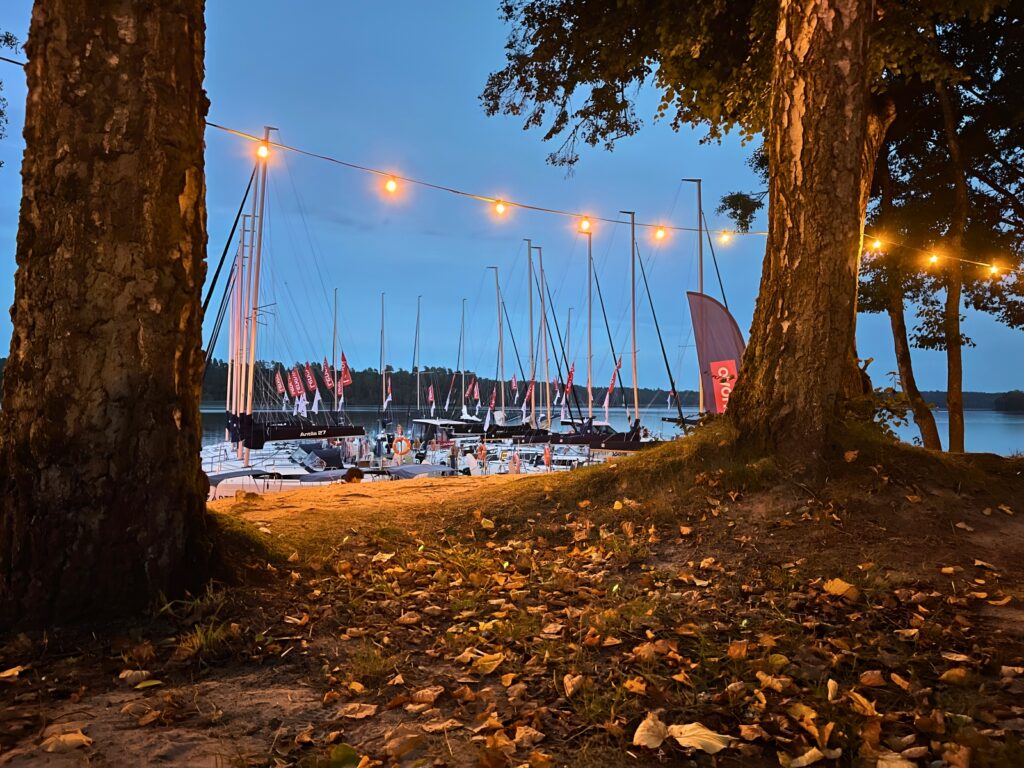 Evening view of a marina with sailboats docked along calm water, string lights overhead, and trees framing the scene with fallen leaves on the ground.