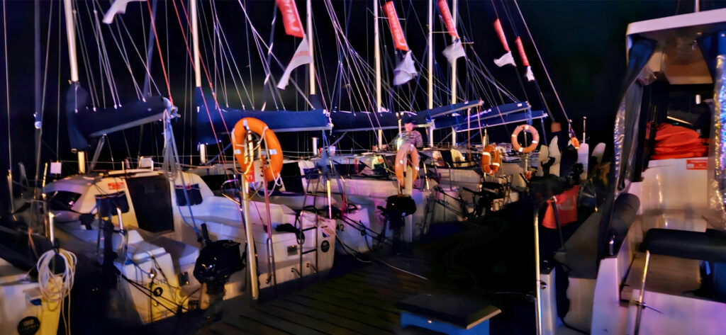 Nighttime view of a marina with several docked sailboats, tall masts, rigging, and orange lifebuoys along the pontoons.