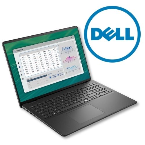 00_Dell_16_Base_DC16255_news2209_main01 - lab-kuzniewski.pl - Testy laptopów, recenzje i porównania Dell laptop displaying a data dashboard with charts on the screen beside a large Dell logo circle