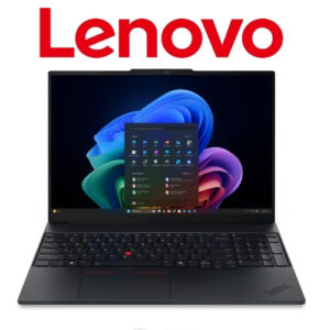 Lenovo laptop open with Windows desktop on screen; large red Lenovo logo appears above the device.