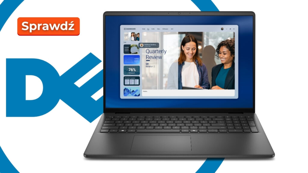 Open laptop on white background with blue DX logo on the left and an orange 'Sprawdź' button; screen shows a presentation with people on it.