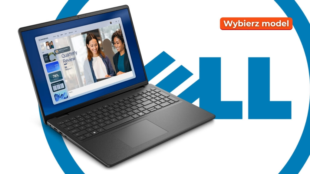 Dell laptop on a white background with blue arcs and a red 'Wybierz model' badge in the corner, showcasing a product ad banner.