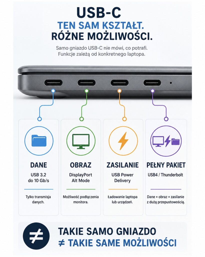 Infographic showing USB-C port features: data transfer, display output, charging, and full data/display/power package with color icons and Polish labels.
