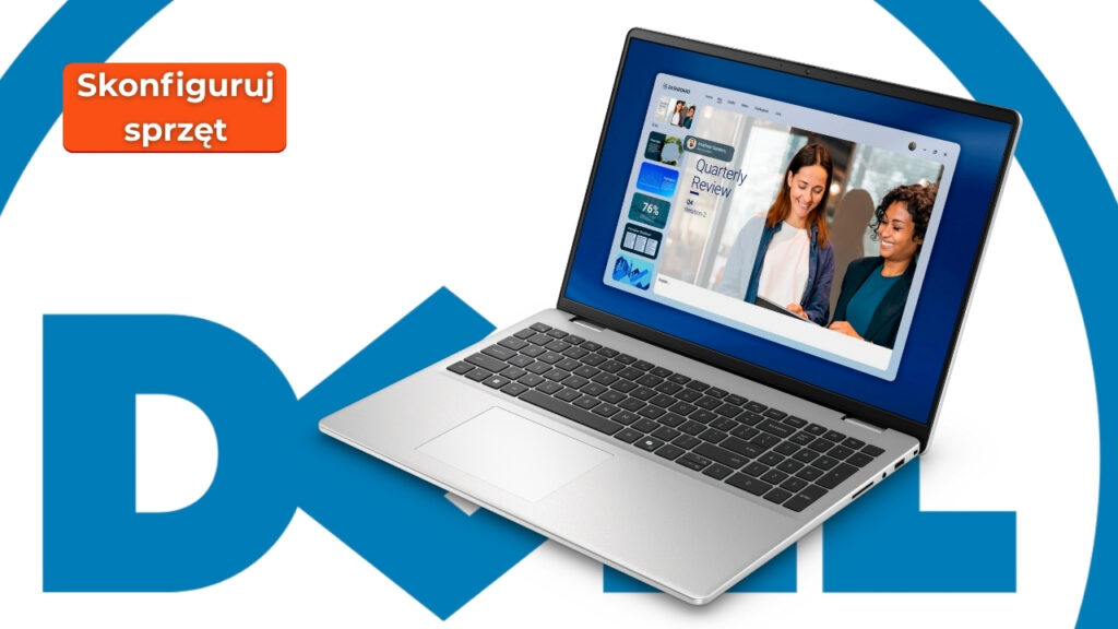Laptop resting on a large Dell logo with an orange badge reading 'Skonfiguruj sprzęt' (Configure hardware).