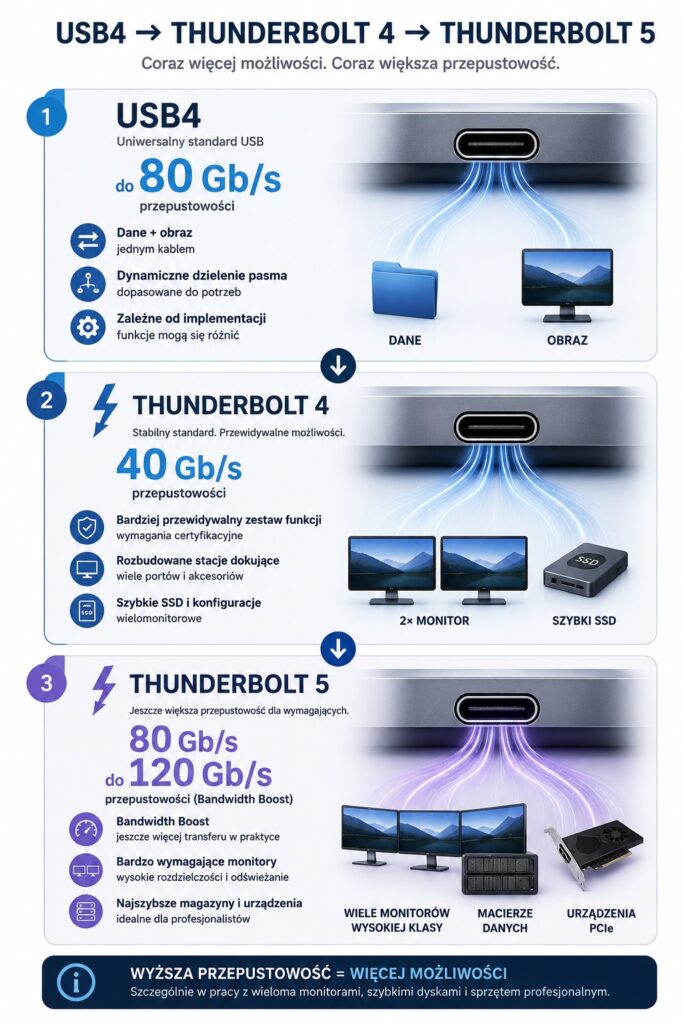 Infografika po polsku porównująca USB4, Thunderbolt 4 i Thunderbolt 5 z monitorami i SSD.
