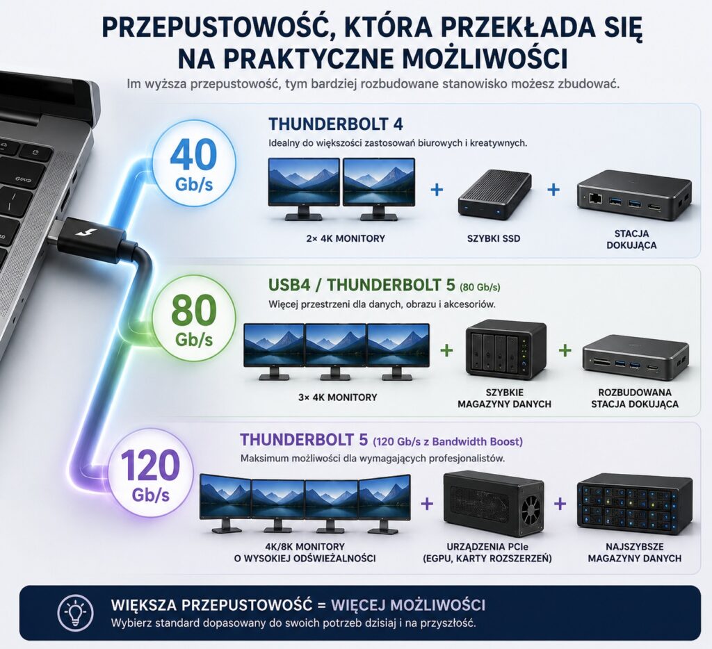 Infografika porównująca prędkości Thunderbolt: 40, 80 i 120 Gb/s z konfiguracjami monitorów, magazynów i stacji dokujących w celu pokazania możliwości połączeń.