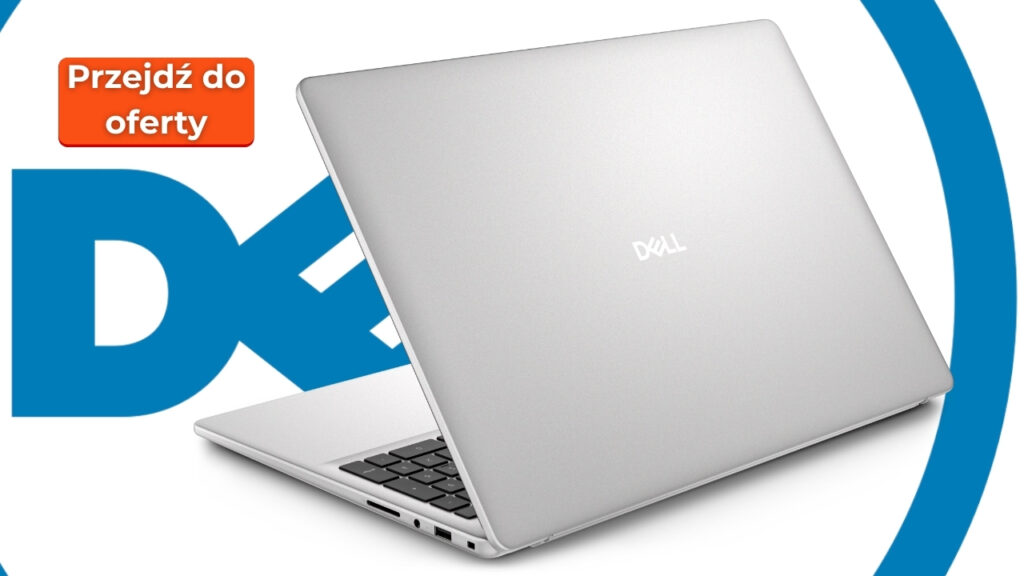 Silver Dell laptop angled on a white background with a bold blue logo arc and an orange 'Przejdź do oferty' call-to-action button in the top-left corner.