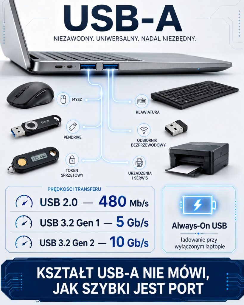 Diagram of a laptop with USB-A ports connected to peripherals (mouse, keyboard, USB drives, printer) and current speed comparisons (USB 2.0 480 Mb/s; USB 3.2 Gen 1 5 Gb/s; USB 3.2 Gen 2 10 Gb/s).