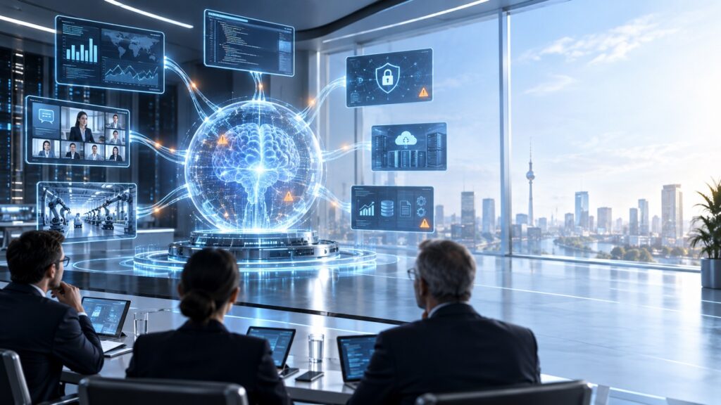Team of professionals in a high-tech conference room view a holographic brain and floating data dashboards.