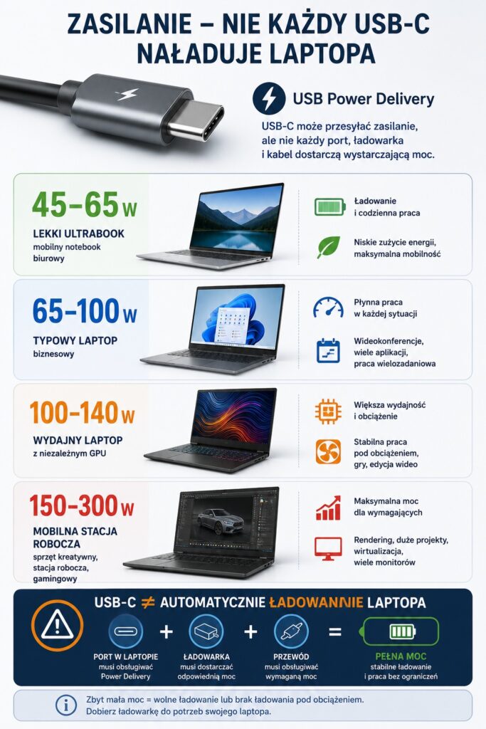 08_porty_poradnik_power_0109 - lab-kuzniewski.pl - Testy laptopów, recenzje i porównania Infographic in Polish about USB-C Power Delivery and laptop power ranges from 45–300 W, with laptops and icons.