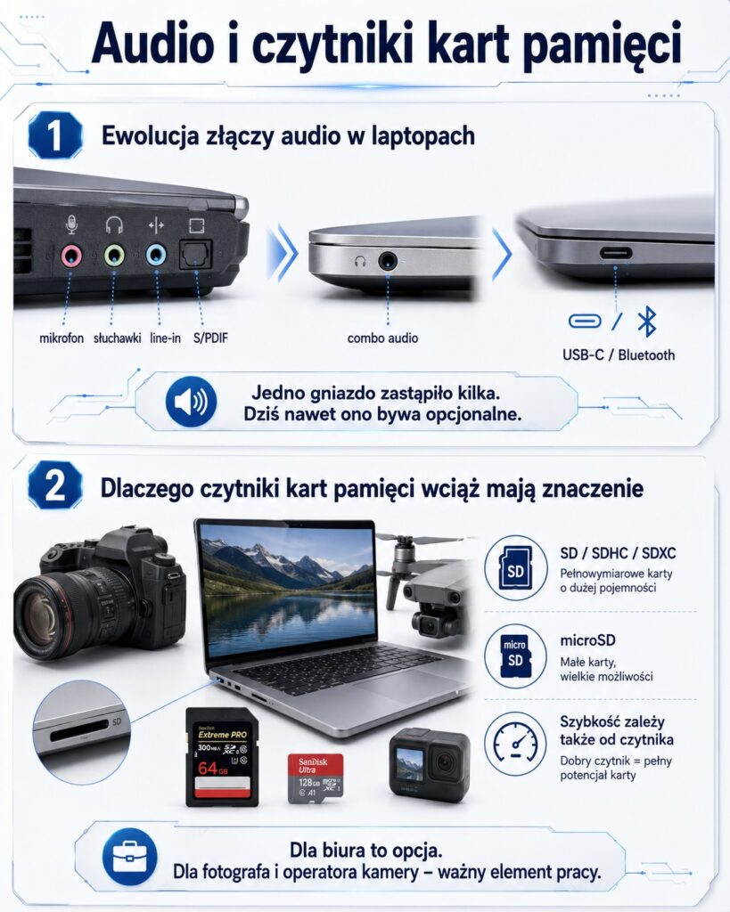 11_porty_poradnik_SD_audio_0109 - lab-kuzniewski.pl - Testy laptopów, recenzje i porównania Infografika o złączach audio i czytnikach kart pamięci, pokazująca evolucję od gniazd mikrofonu do USB-C/Bluetooth i standardów kart SD/microSD.