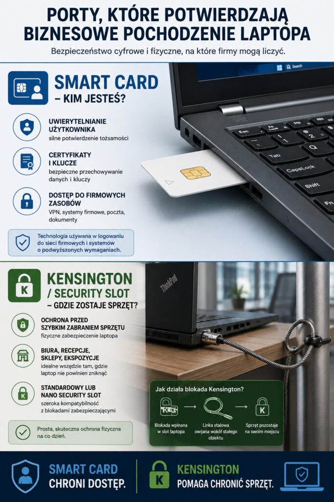 12_porty_poradnik_SmartCard_kensington_0109 - lab-kuzniewski.pl - Testy laptopów, recenzje i porównania Infographic about laptop security in Polish, showing Smart Card and Kensington security slot with a laptop and security icons.