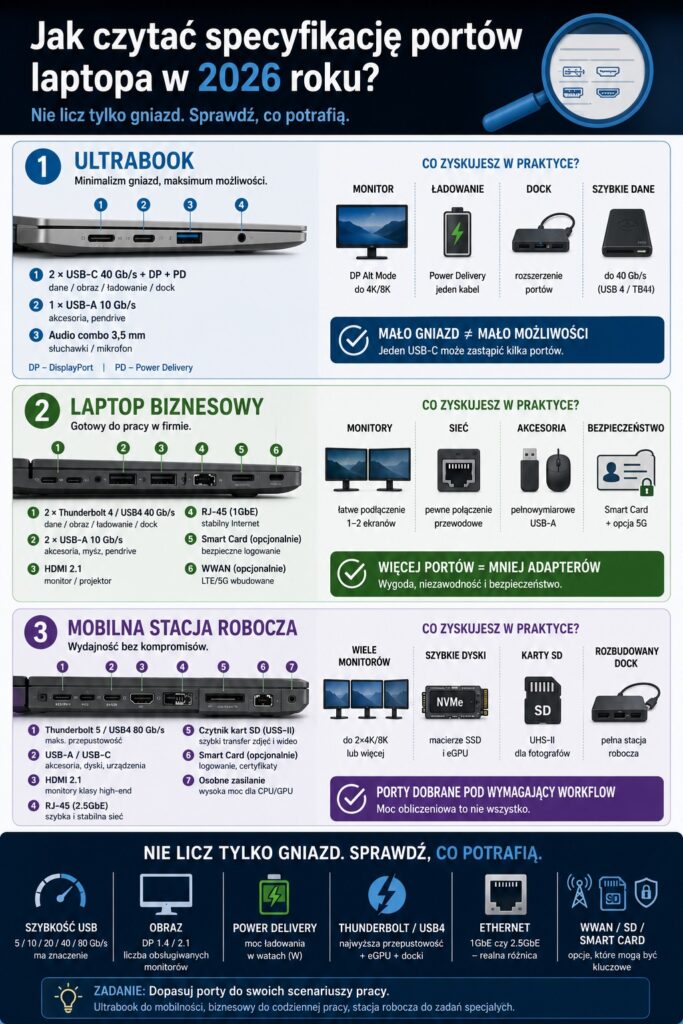 14_porty_poradnik_porty2026_dokowanie_0109 - lab-kuzniewski.pl - Testy laptopów, recenzje i porównania Polish infographic about reading laptop port specs for 2026, with three sections (Ultrabook, Laptop biznesowy, Mobilna stacja robocza) and port diagrams/icons (USB-C, Thunderbolt, HDMI, etc.).