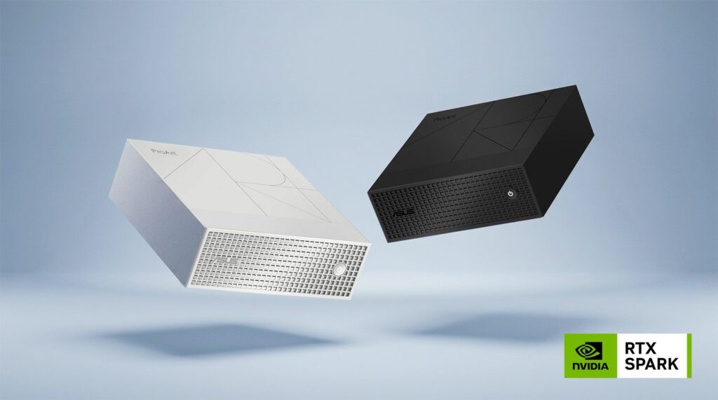 Two compact desktop PCs, white and black, floating in a blue gradient background with an NVIDIA RTX SPARK logo in the bottom-right corner.