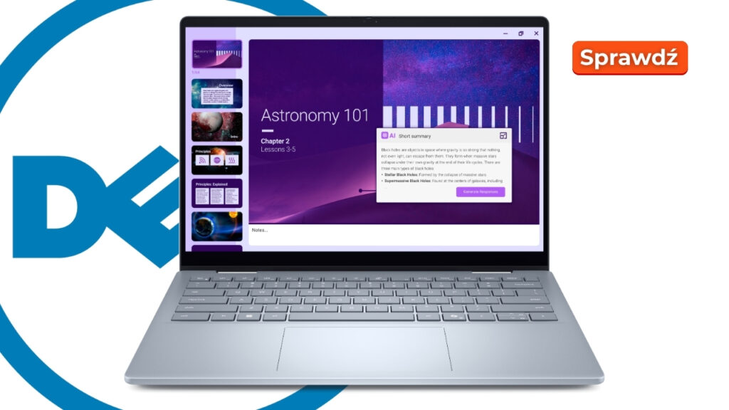 Dell_14_Plus_DB04250_0309_001 - lab-kuzniewski.pl - Testy laptopów, recenzje i porównania Laptop displaying an Astronomy 101 course slide with a vertical thumbnail strip on the left and a purple background; large blue DK logo behind and an orange 'Sprawdź' badge to the right.