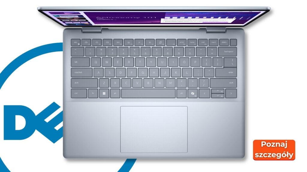 Dell_14_Plus_DB04250_0309_002 - lab-kuzniewski.pl - Testy laptopów, recenzje i porównania Open silver laptop viewed from above on a white background, showing a purple screen, with a blue Dell logo in the background and an orange 'Poznaj szczegóły' button to the side.