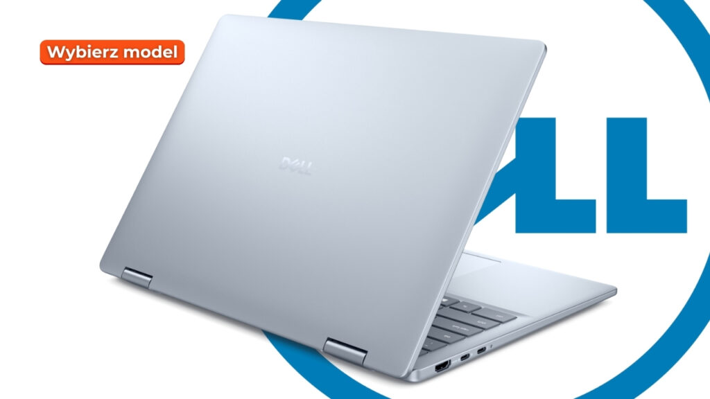 Dell_14_Plus_DB04250_0309_003 - lab-kuzniewski.pl - Testy laptopów, recenzje i porównania Silver Dell laptop angled open against a blue circular backdrop with an orange 'Wybierz model' button in the corner, suggesting a product selection context.