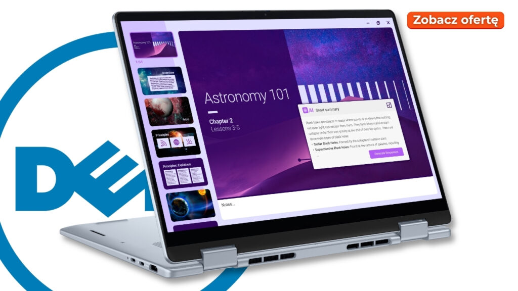 Dell_14_Plus_DB04250_0309_004 - lab-kuzniewski.pl - Testy laptopów, recenzje i porównania Promotional image of a Dell convertible laptop showing an Astronomy 101 course on screen with side thumbnails and a 'See offer' badge in Polish (Zobacz ofertę).