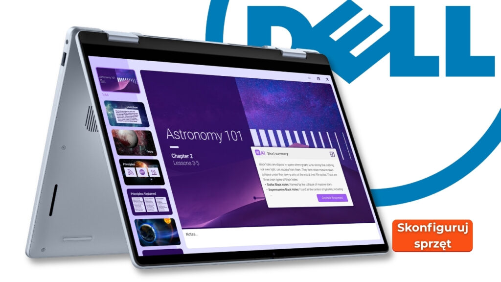 Dell_14_Plus_DB04250_0309_005 - lab-kuzniewski.pl - Testy laptopów, recenzje i porównania Dell 2-in-1 laptop in tent mode displaying an Astronomy 101 presentation on purple slides, with a large Dell logo in the background.