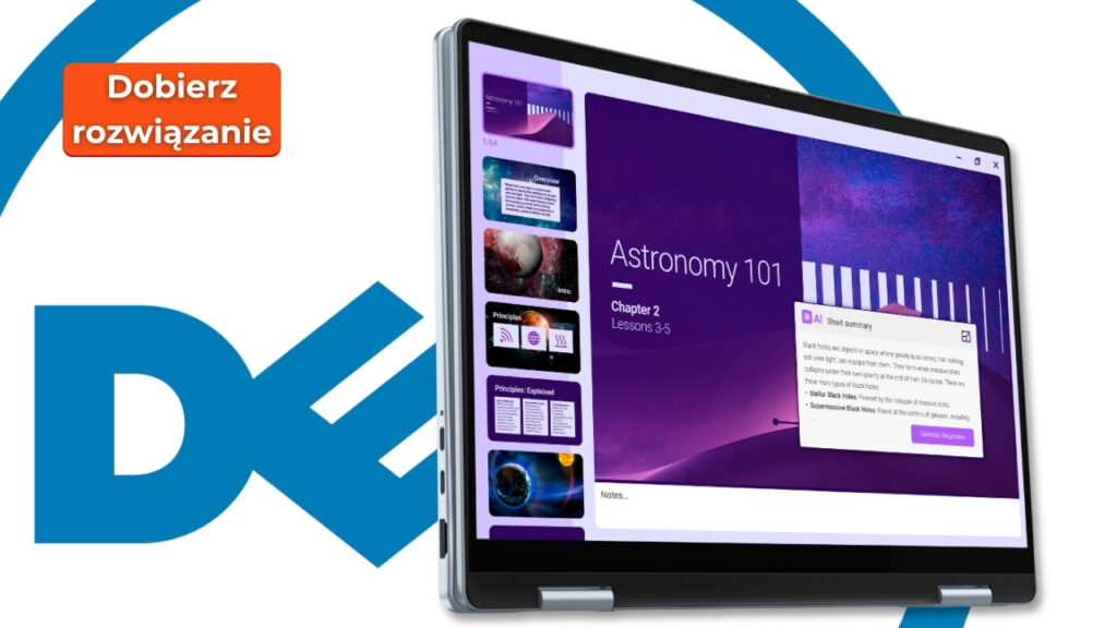 Dell_14_Plus_DB04250_0309_006 - lab-kuzniewski.pl - Testy laptopów, recenzje i porównania Tablet screen shows an Astronomy 101 course with a left column of lesson cards, over a blue DX background and an orange 'Dobierz rozwiązanie' badge.