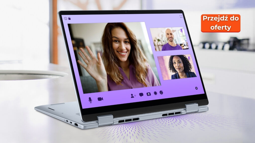 Dell_14_Plus_DB04250_0309_007 - lab-kuzniewski.pl - Testy laptopów, recenzje i porównania Foldable laptop on a white table showing a video call with a smiling woman waving; two smaller windows show other participants; orange Polish button says 'Przejdź do oferty'
