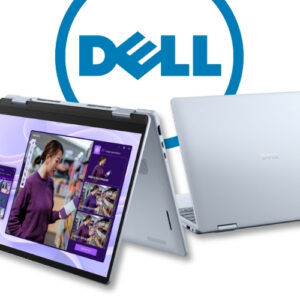 Two Dell 2-in-1 laptops displayed in tent and laptop modes in front of a large Dell logo circle in blue.