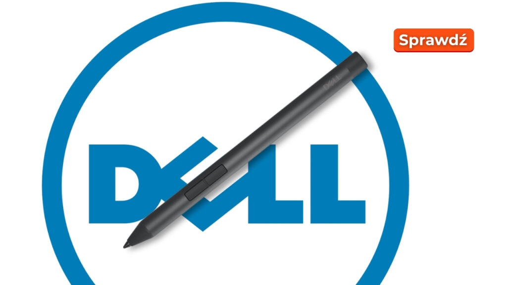 Dell_Active_Pen_PN5122W_0309_009 - lab-kuzniewski.pl - Testy laptopów, recenzje i porównania Dell logo inside a blue circular outline with a black stylus laid diagonally across it; orange 'Sprawdź' button in the top-right corner