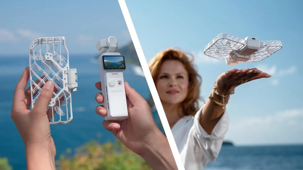 Split-screen image of a handheld mini drone and controller by the sea, ready to fly near a coastline.