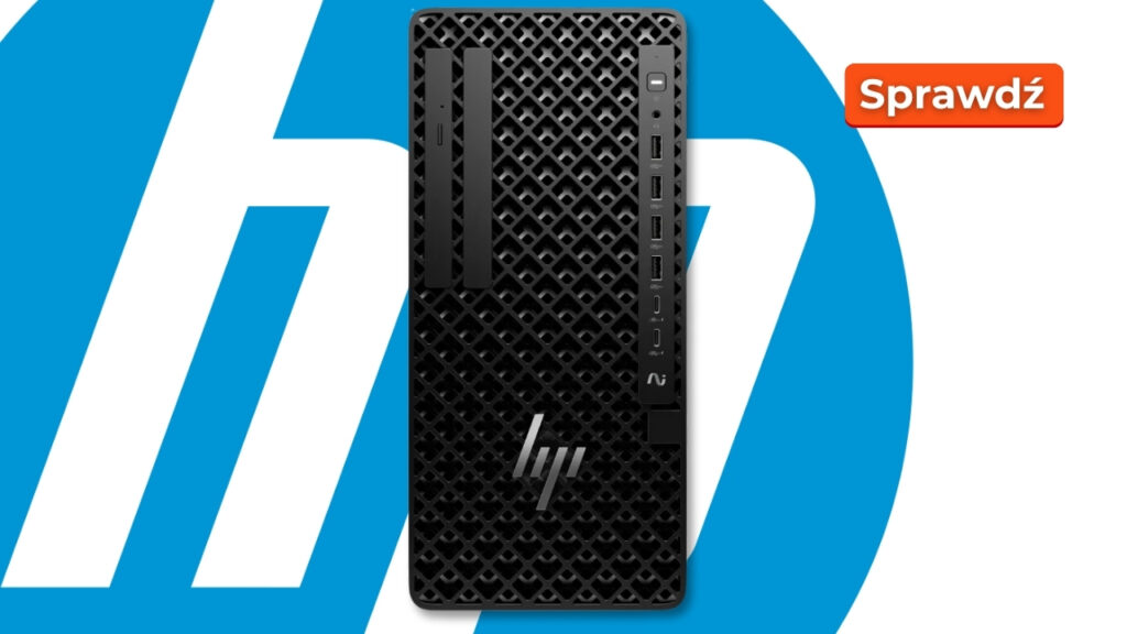 Front view of an HP desktop tower with a lattice ventilated front panel, USB ports and power button, set against a blue promotional background with a 'Sprawdź' badge.
