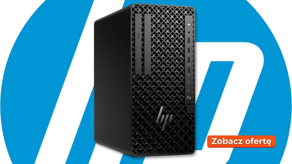 Front view of a black HP server with a lattice front panel and visible ports on the right, set against a blue background with an orange 'Zobacz ofertę' badge.