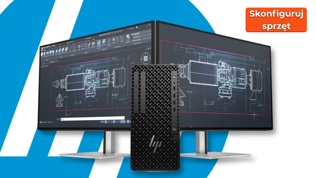 HP compact desktop tower positioned between dual monitors displaying a CAD blueprint, set against a blue and white abstract background with an orange 'Skonfiguruj sprzęt' badge