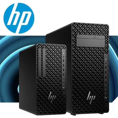 HP logo above two black HP ProLiant tower servers with ventilated front panels and drive bays