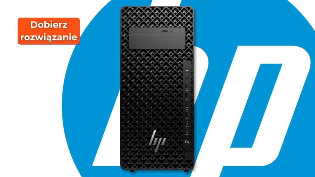 Front view of an HP server tower with a perforated black grille and drive bay, set against a blue background with an orange badge reading 'Dobrze rozwiązanie' (Polish: 'Good solution').