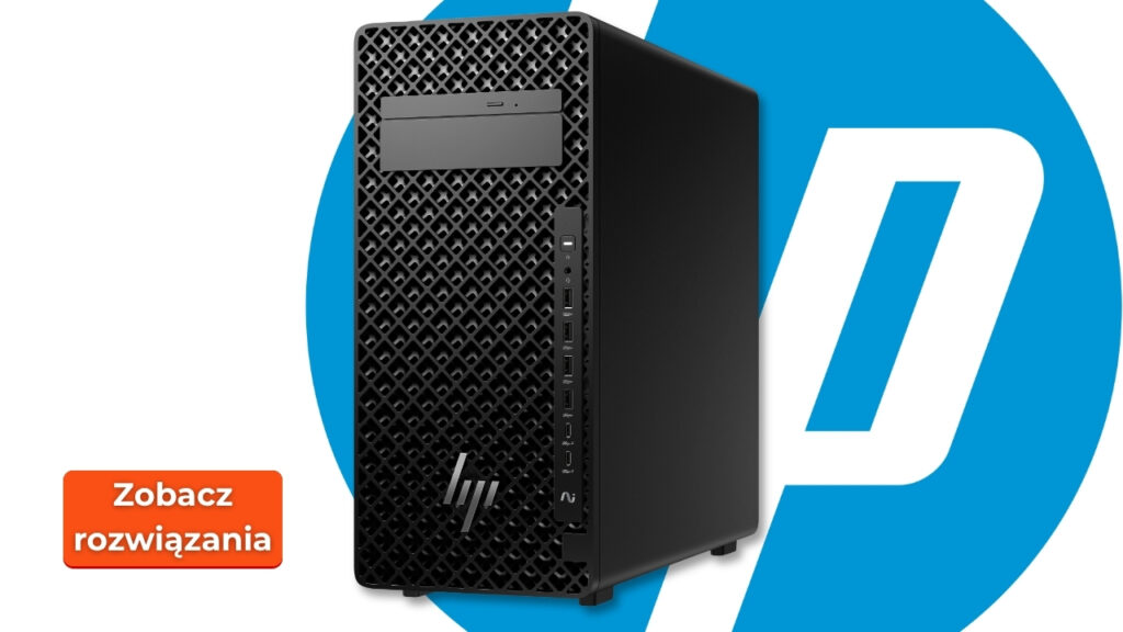 Front view of a black server tower with a perforated front panel and USB/port array, set against a blue circular background with an orange 'Zobacz rozwiązania' button nearby.