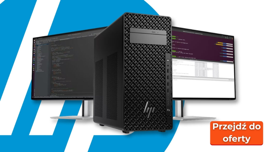 HP desktop tower with dual monitors displaying code, set against a blue/white abstract background, with an orange 'Przejdź do oferty' button