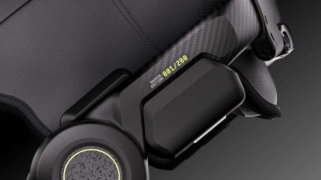 Hypershell Halo_04 - lab-kuzniewski.pl - Testy laptopów, recenzje i porównania Close-up of black over-ear headphones with a yellow 'Origin Edition 001/200' label on the headband area.