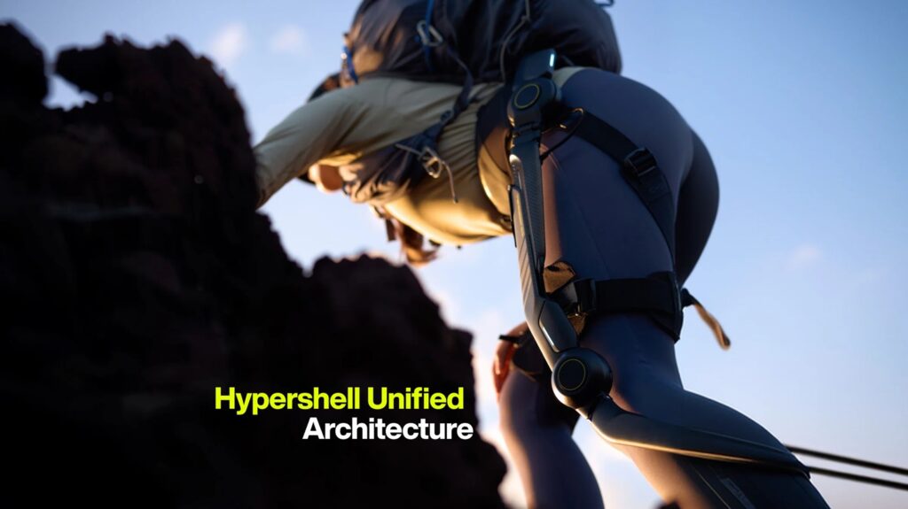 Hypershell Halo_05 - lab-kuzniewski.pl - Testy laptopów, recenzje i porównania Climber in a harness and gear ascends a rocky cliff; overlay text reads 'Hypershell Unified Architecture'.