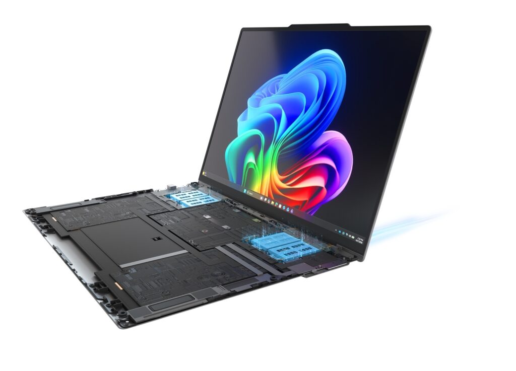 Lenovo Project AeroBlade_04 - lab-kuzniewski.pl - Testy laptopów, recenzje i porównania Open laptop with its bottom cover removed, exposing internal motherboard and components, colorful screen displayed.