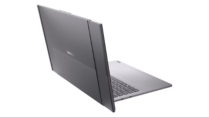Lenovo ThinkBook Project Swan_03 - lab-kuzniewski.pl - Testy laptopów, recenzje i porównania Lenovo laptop opened at a slight angle, showcasing the keyboard and dark lid against a white background.