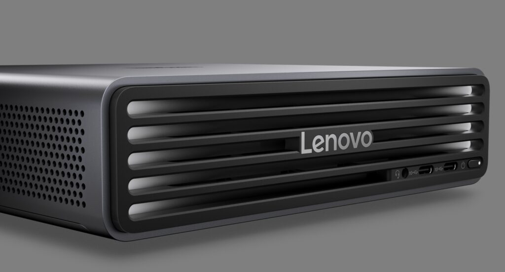Lenovo ThinkCentre X Ultra_02 - lab-kuzniewski.pl - Testy laptopów, recenzje i porównania Front view of a Lenovo compact desktop with horizontal ventilation slats and port panel on the right side, logo visible.