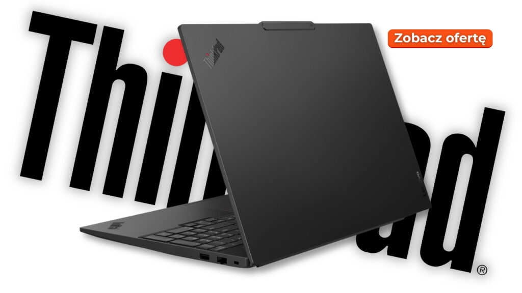 Lenovo_ThinkPad_E16_Gen4_1709_news_003 - lab-kuzniewski.pl - Testy laptopów, recenzje i porównania Promo image showing a black ThinkPad laptop tilted on a white background with an orange 'Zobacz ofertę' button in the top-right corner.