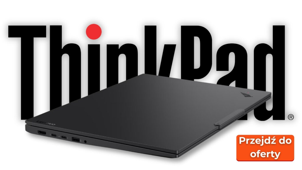 Lenovo_ThinkPad_E16_Gen4_1709_news_005 - lab-kuzniewski.pl - Testy laptopów, recenzje i porównania Closed black Lenovo ThinkPad laptop at an angle with a large ThinkPad wordmark in the background and an orange 'Przejdź do oferty' badge in the corner.