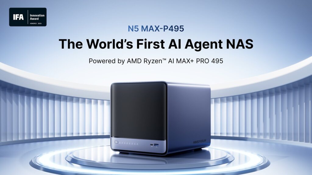 Minisforum N5 MAX-P495_01 - lab-kuzniewski.pl - Testy laptopów, recenzje i porównania N5 MAX-P495 AI agent NAS on a circular pedestal with an IFA Innovation Award logo in the corner, headline about the world's first AI NAS.