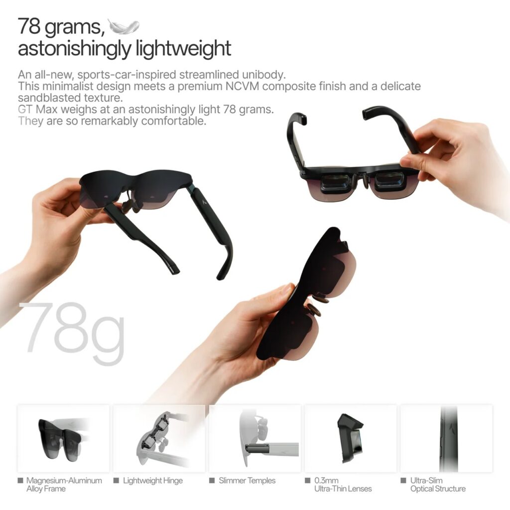 Promotional image showing a lightweight sport-style glasses set (78g) with hands holding different components and a brief feature list at the bottom surface.