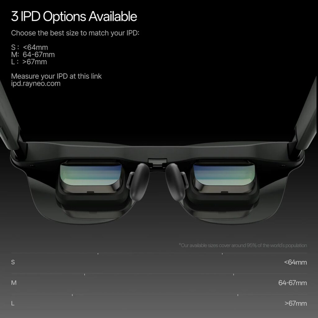 VR headset front view with text about IPD options: S 67mm and measurement link (ipd.rayneo.com).