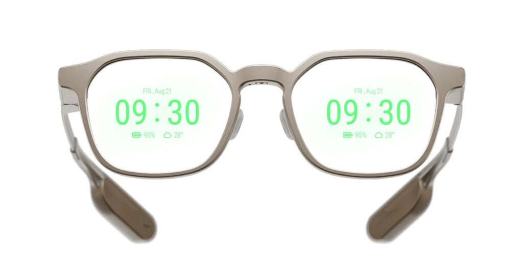 Pair of glasses with digital green displays showing 09:30 on both lenses, like smart display eyewear; time-focused information.